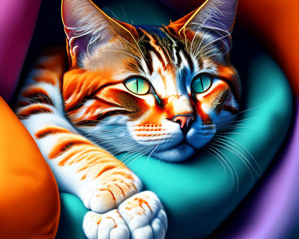 Colorful Digital Artwork: Orange Tabby Cat on Abstract Background