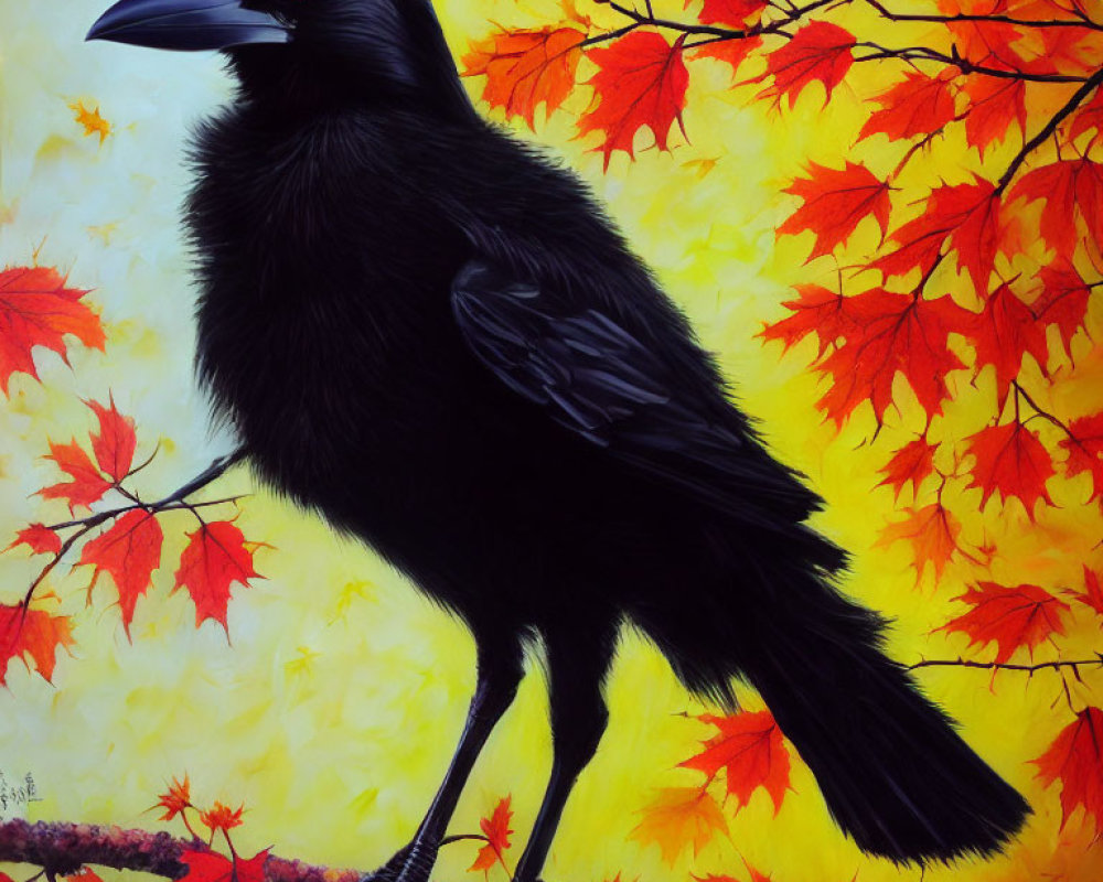 Vivid painting of black raven on branch with red autumn leaves