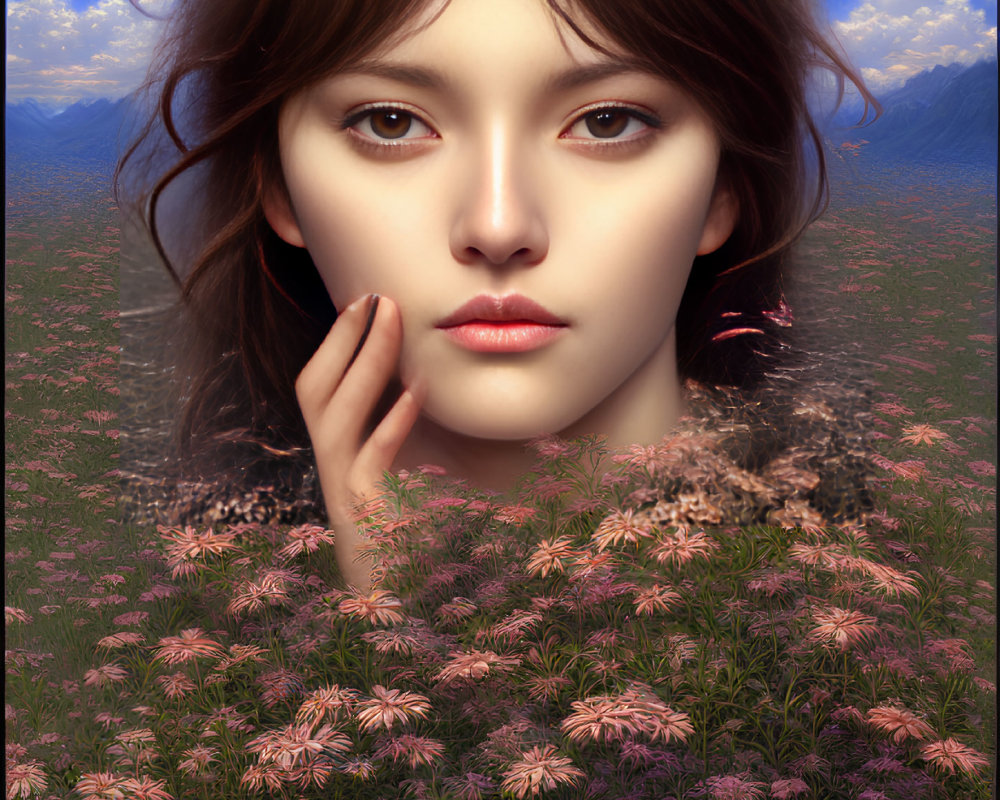 Portrait of Woman Surrounded by Pink Flowers and Mountains