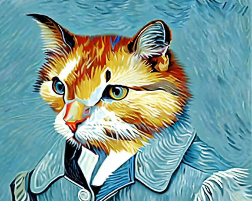 Stylized cat with human-like features in blue period-style coat