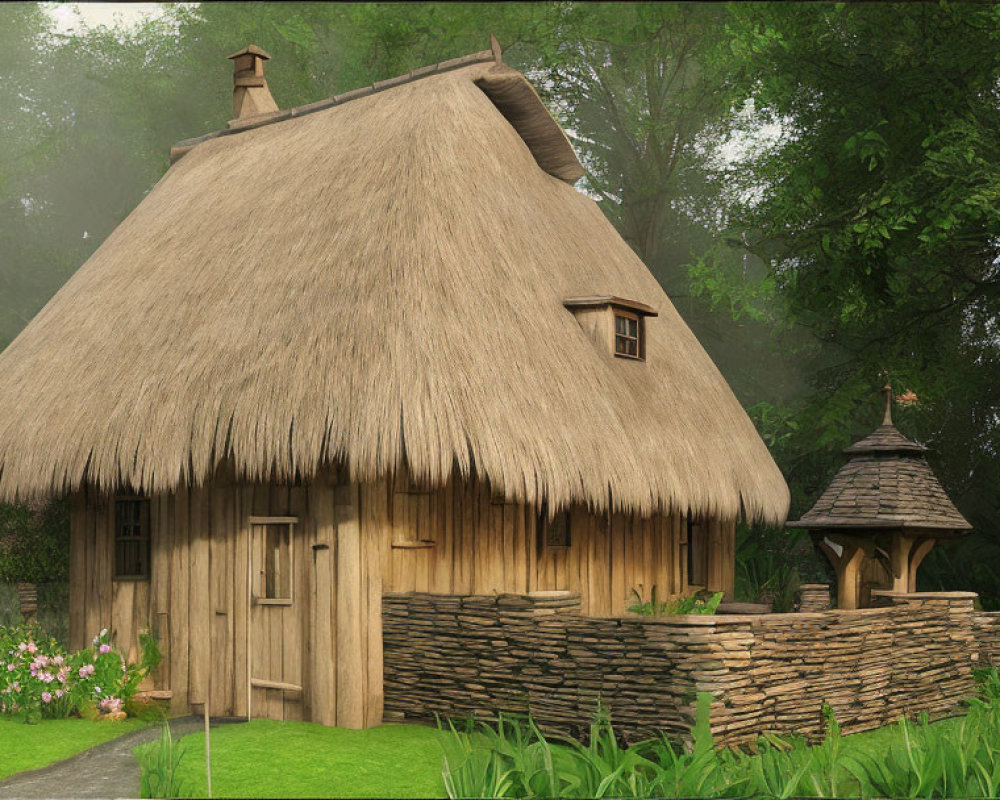 Thatched-Roof Cottage in Forest Clearing with Stone Wall