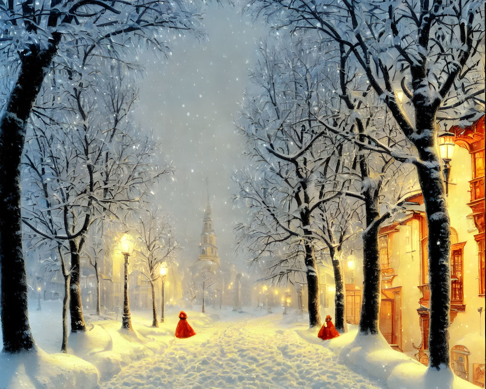 Winter scene: snowy pathway with trees, street lamps, figures in red, and distant church spire