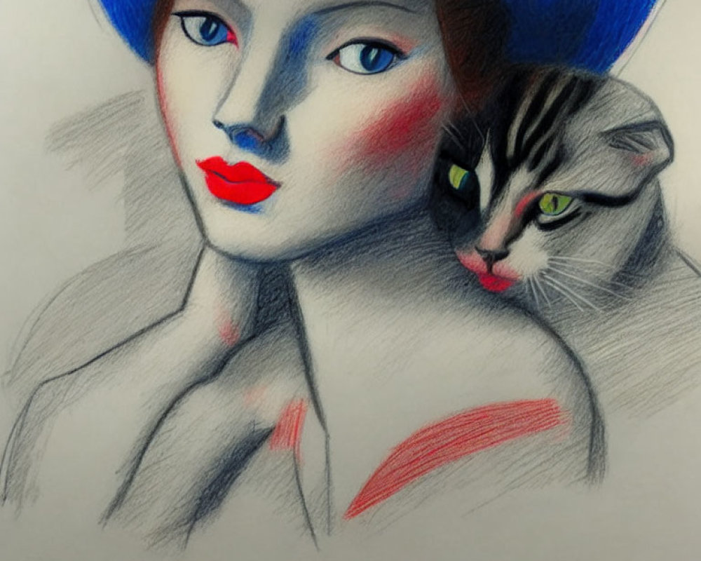 Colored pencil sketch of woman with blue hat and red lips holding striped cat