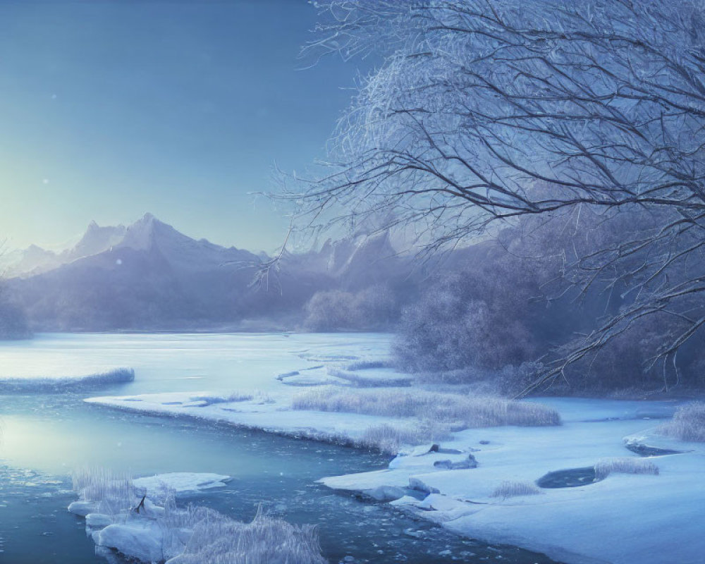 Snowy landscape with frozen river and bare trees in winter twilight