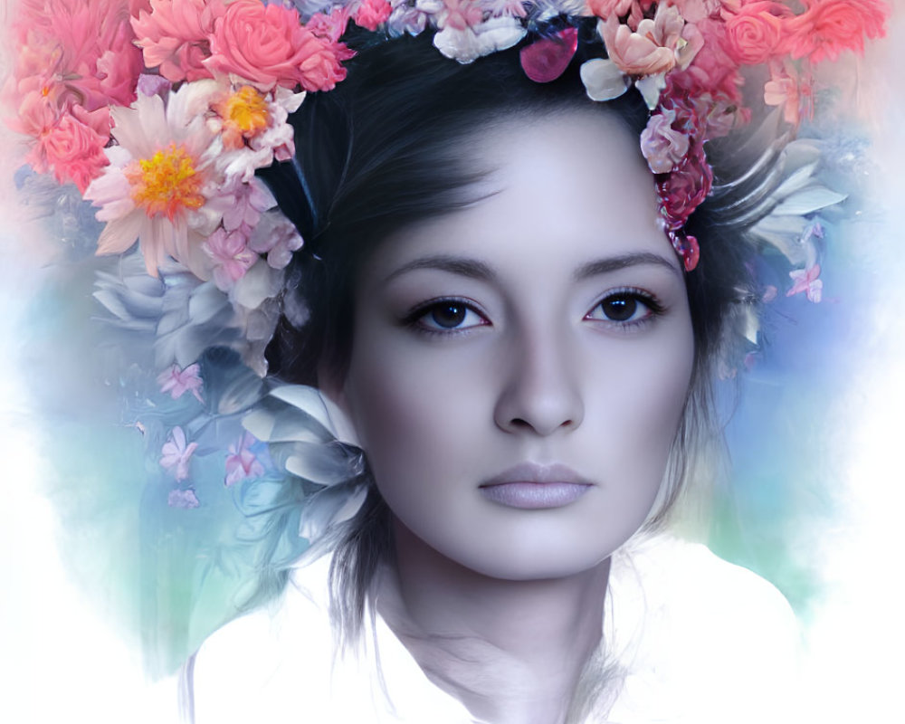 Serene woman with flower crown and floral motifs in soft colors