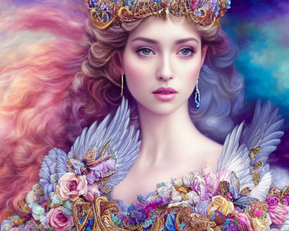 Portrait of a woman with angelic wings and ornate crown in vibrant colors