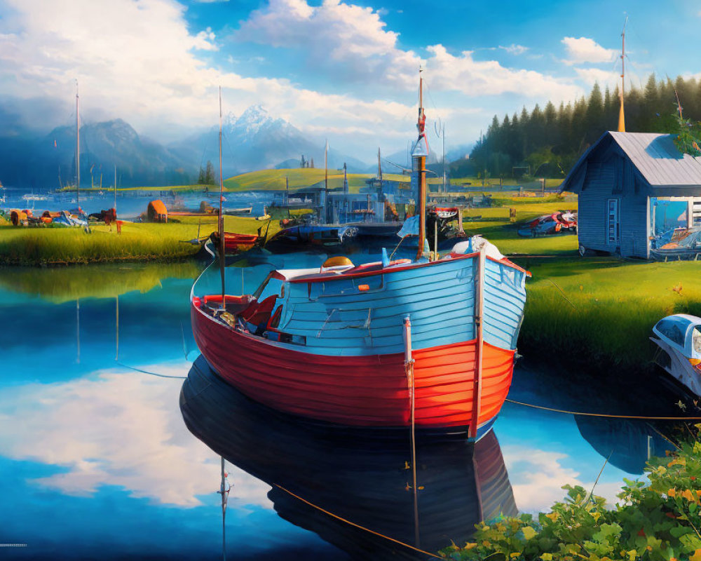 Tranquil harbor scene with red and white boat, rustic buildings, calm water, mountains