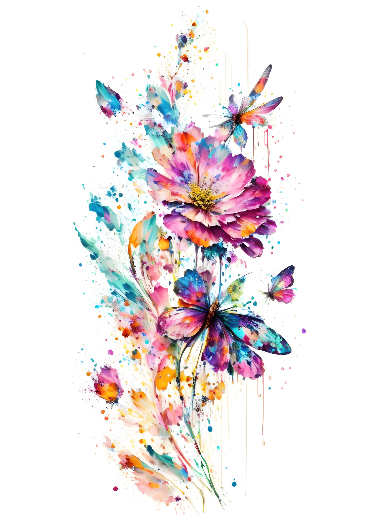 Colorful Watercolor Painting of Abstract Flowers and Butterflies