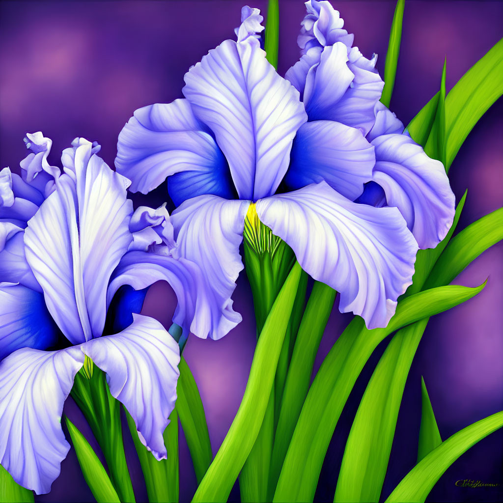 Vibrant blue irises with ruffled petals on purple background and green leaves