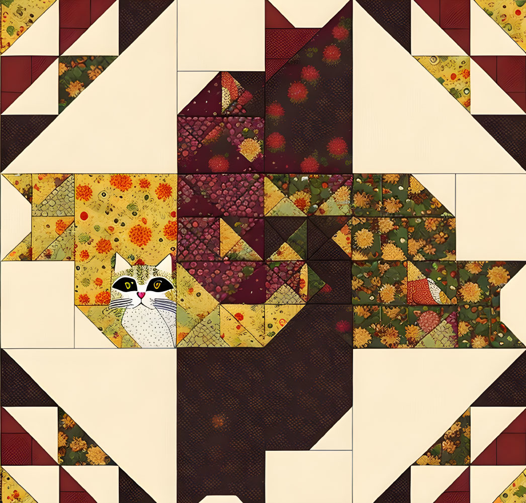 Cat-themed Patchwork Quilt in Autumnal Colors