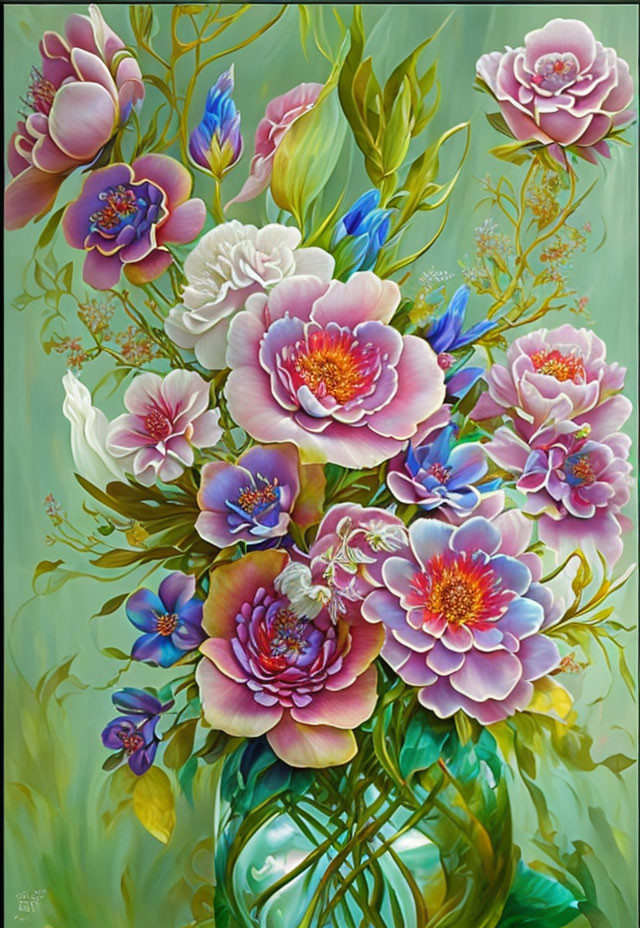 Colorful Flowers Painting with Detailed Petals and Leaves on Green Background