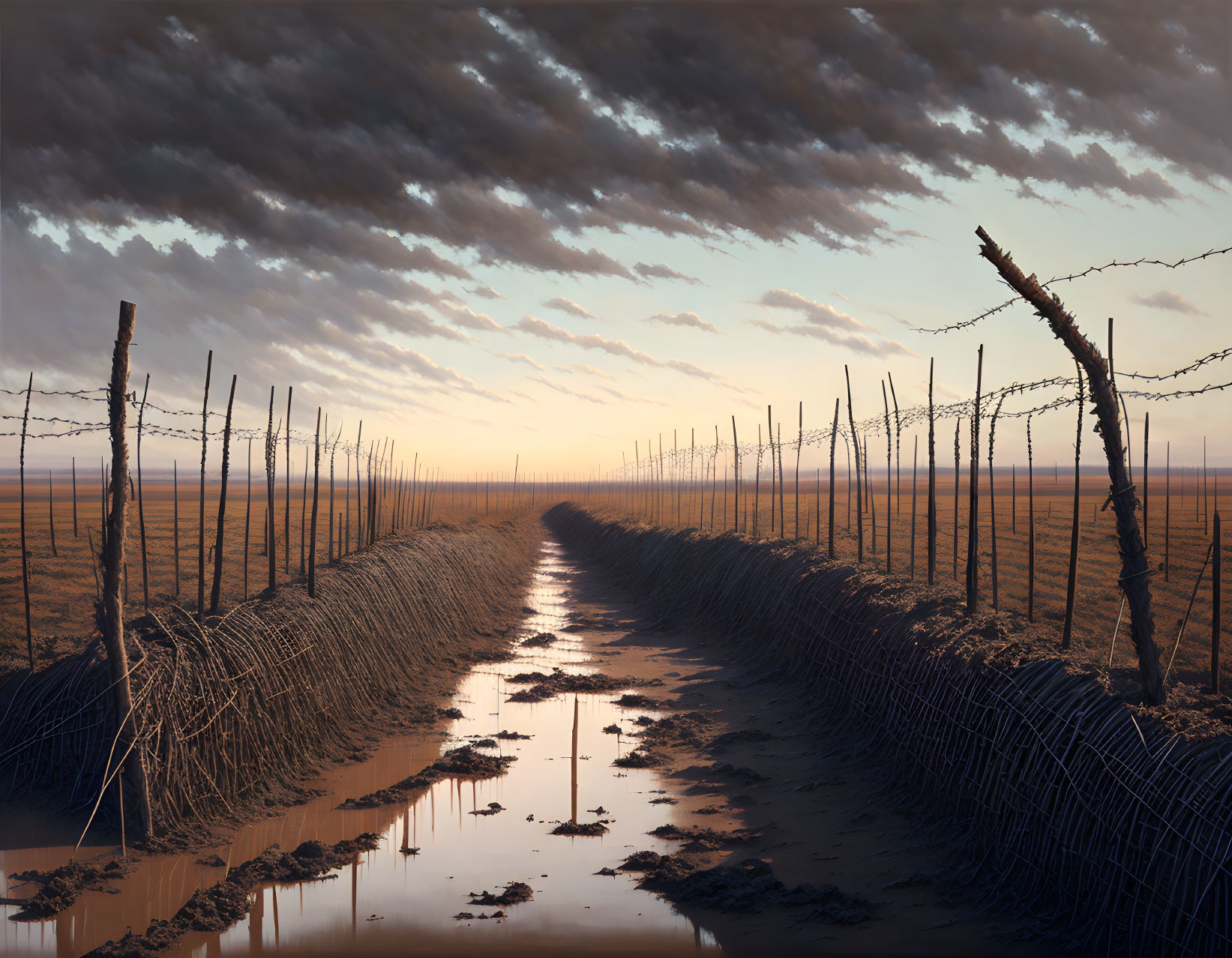 Rural landscape with muddy path, barbed wire fences, and cloudy sky