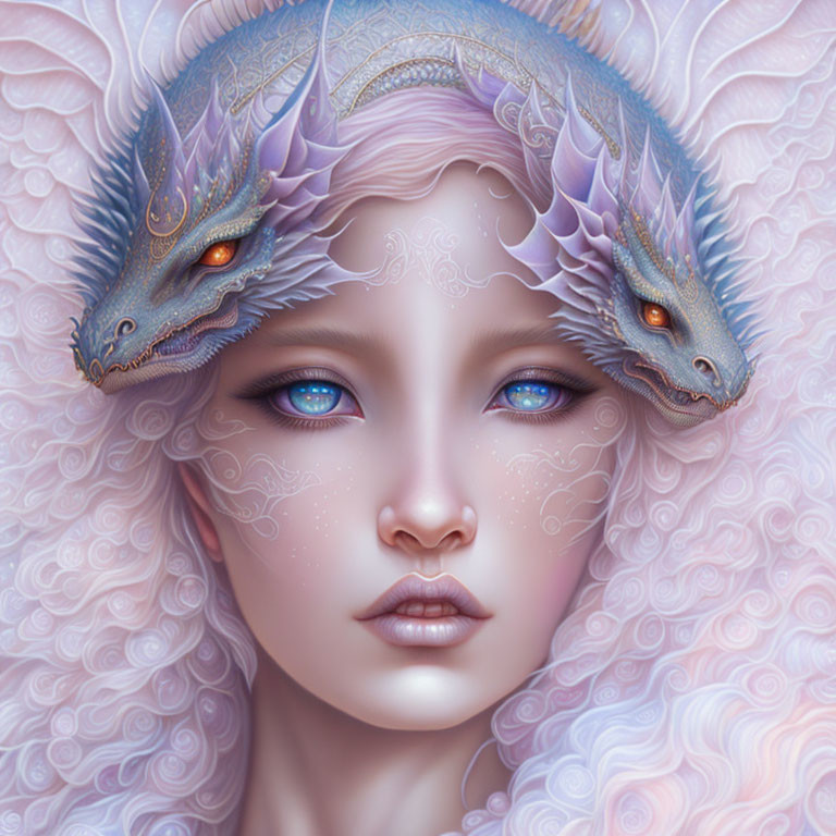 Fantasy image: Person with blue eyes, silver hair, and dragon-like creatures on head in soft