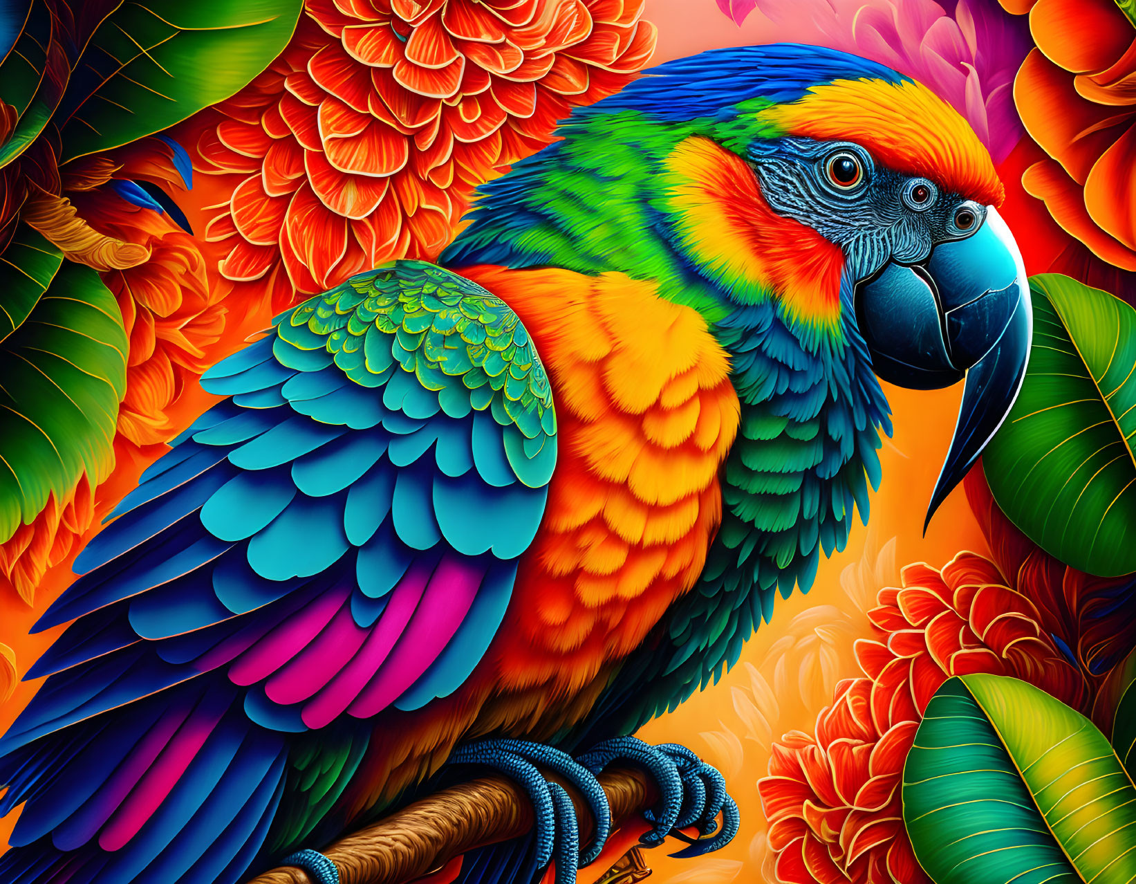 Colorful Parrot Artwork with Detailed Feathers and Floral Background