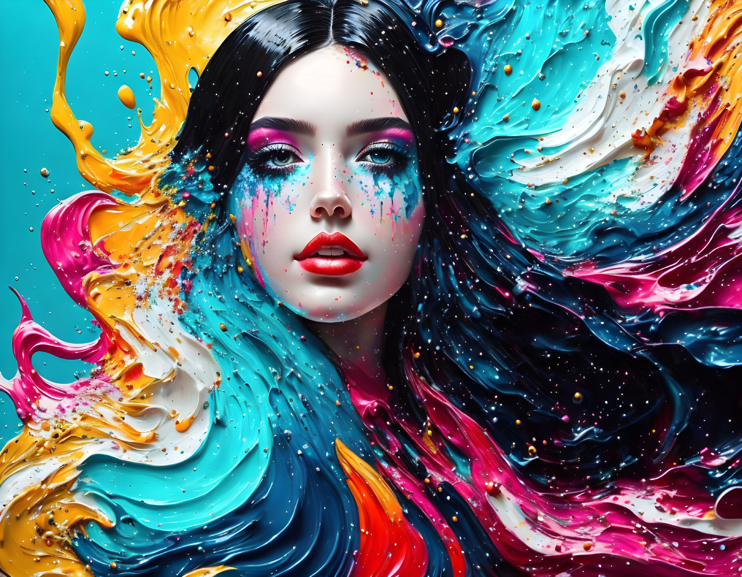 Colorful digital artwork: Woman's face merging with swirling paint splashes