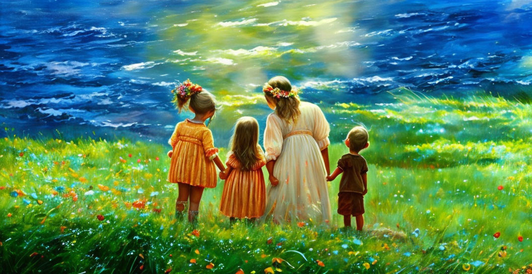 Woman and Three Children in Colorful Meadow by the Sea