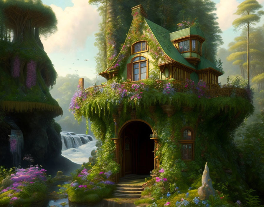 Cozy cottage in enchanted forest with greenery, flowers, and waterfall.