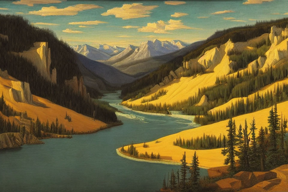 Tranquil landscape: river, pine forests, golden cliffs