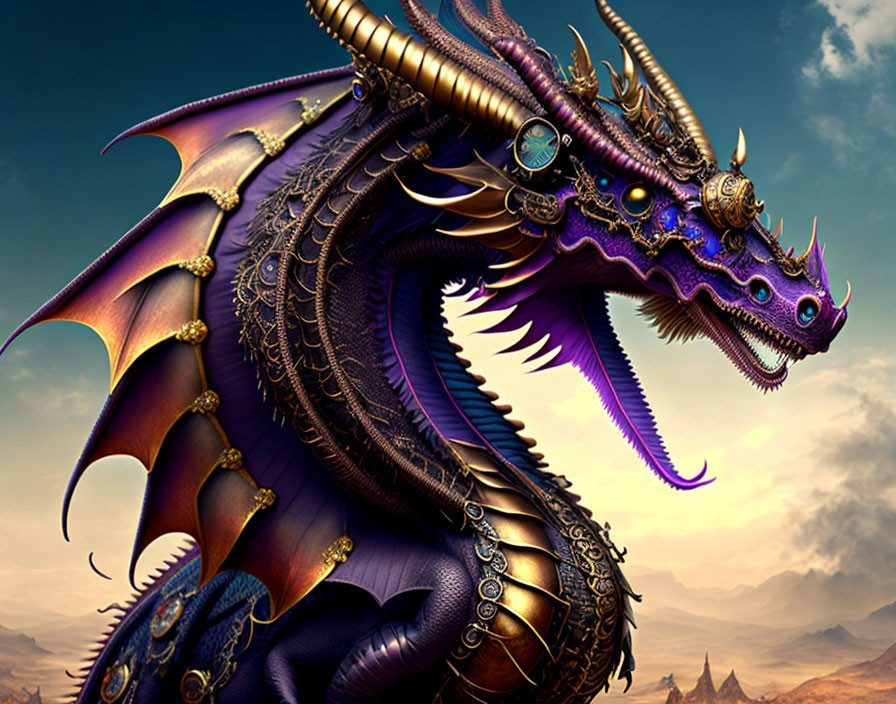 Mechanical dragon with golden gears and purple accents in desert sky.