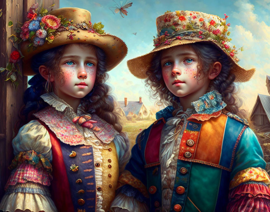 Children in historical clothing with flower-adorned hats in rural landscape.