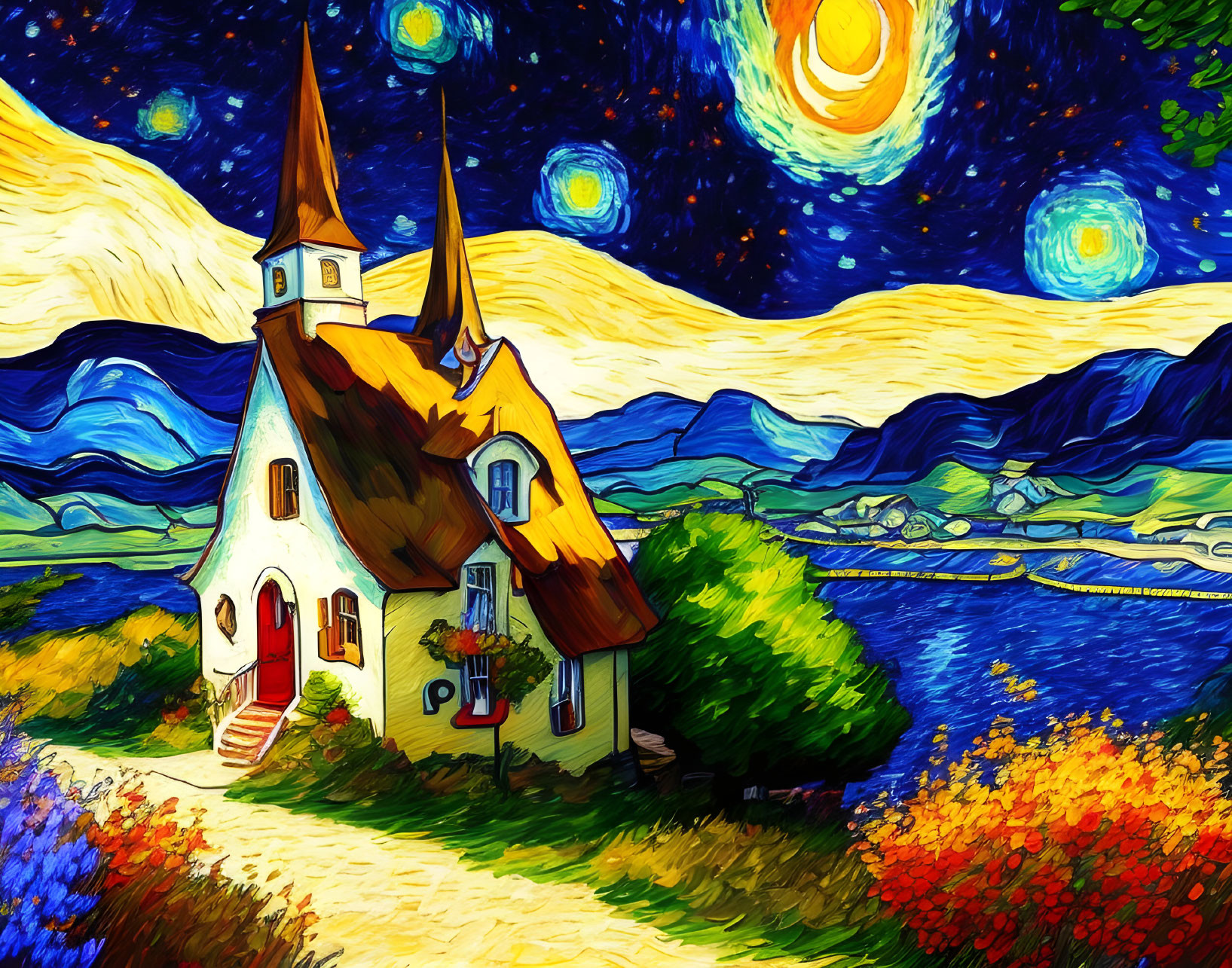 Colorful painting: quaint house under starry sky by river