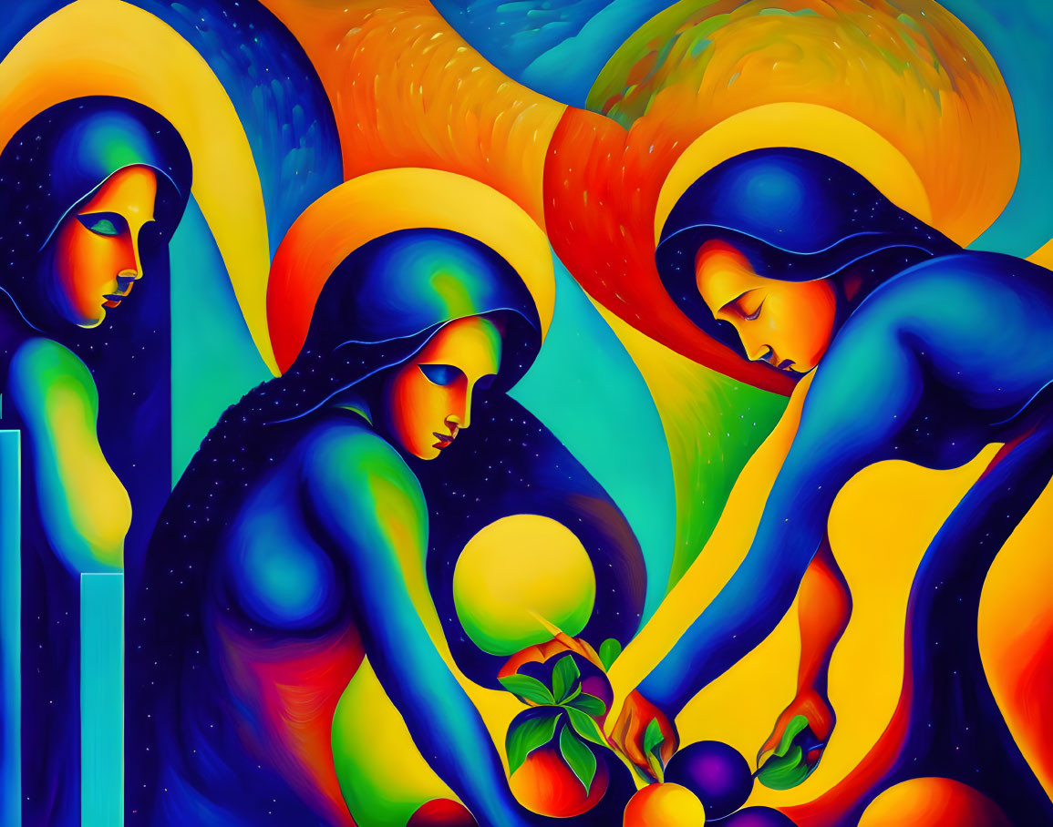 Abstract painting of three female figures in vibrant blues and oranges with fruit bowl