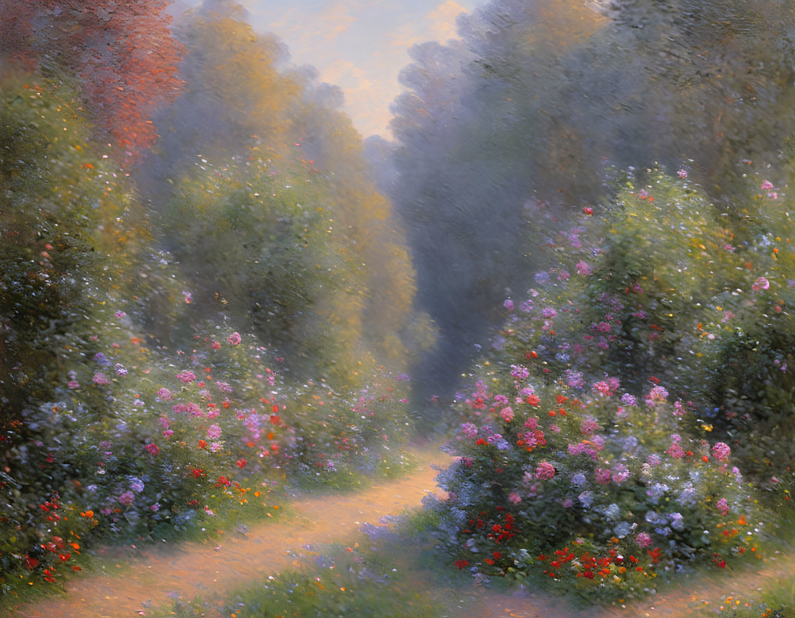 Impressionistic painting: Flower-lined path in misty, wooded area