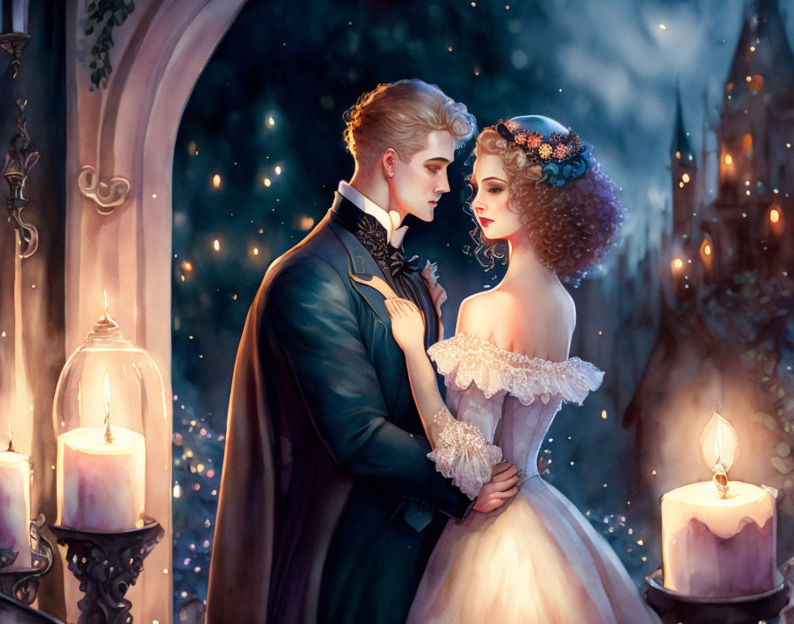 Elegant couple in historical attire surrounded by glowing candles and magical forest