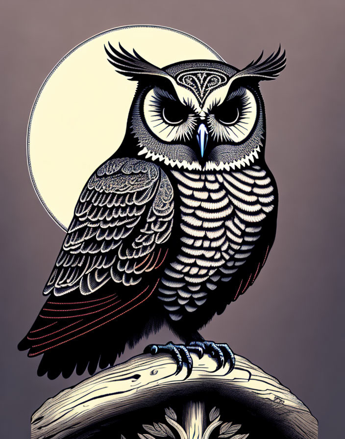 Detailed Feathers Owl Perched on Branch Against Full Moon Sky