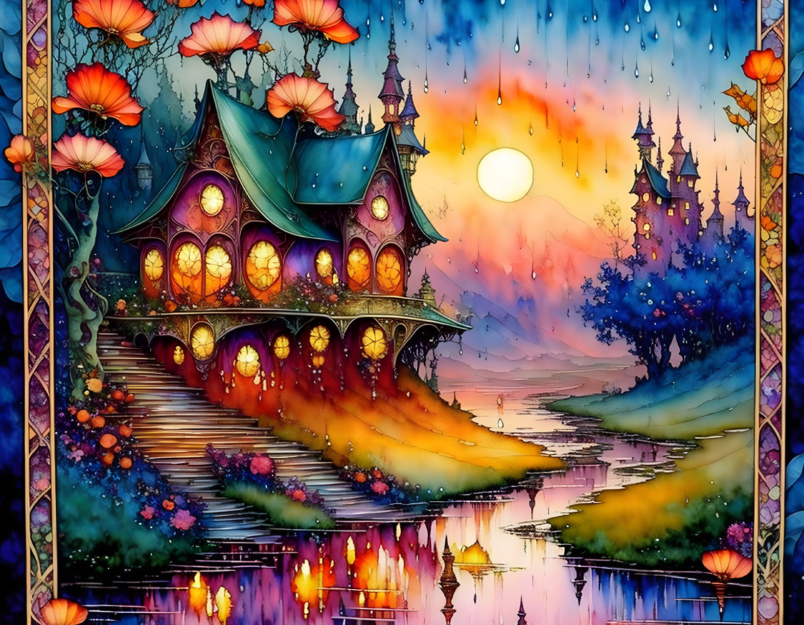 Fantasy cottage with glowing windows amid colorful flora, sunset sky, castle silhouette, reflective river