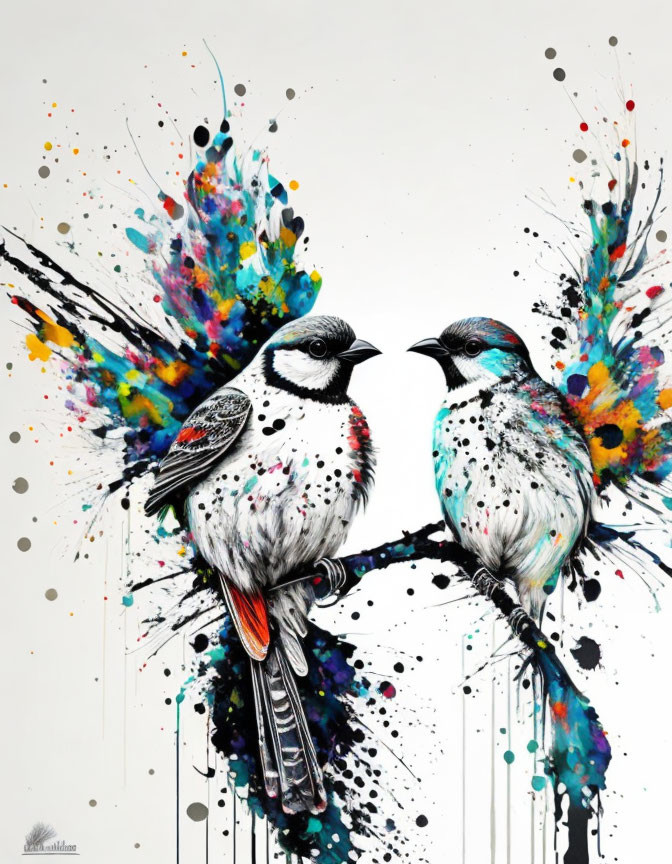 Stylized birds with vibrant paint plumage on branch against white background