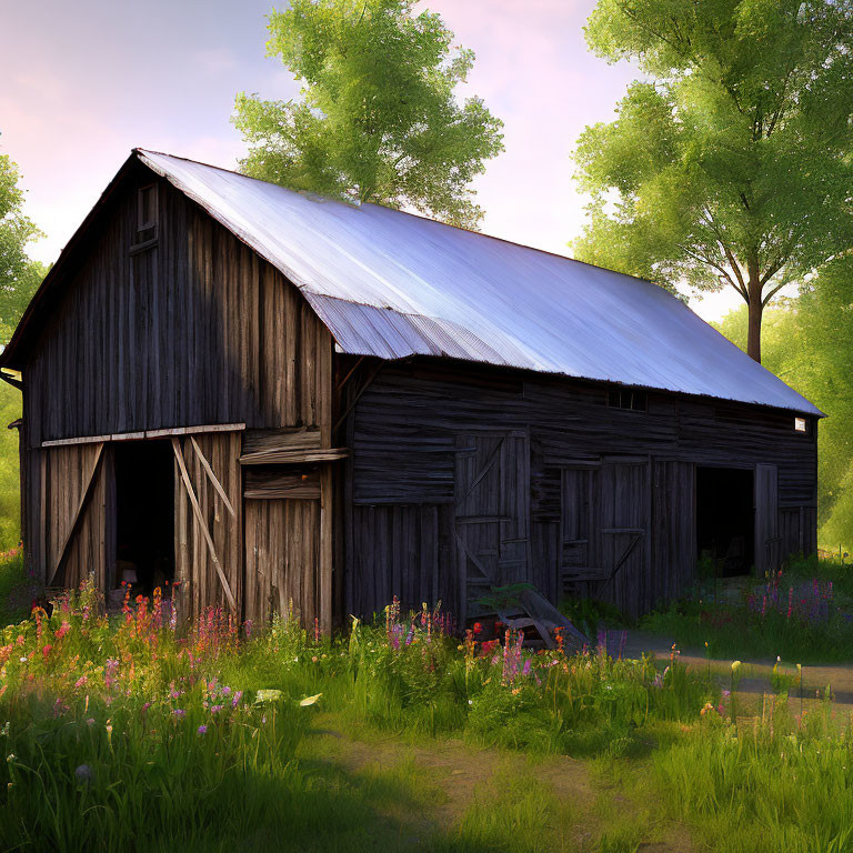 Rustic wooden barn with metal roof in serene natural setting