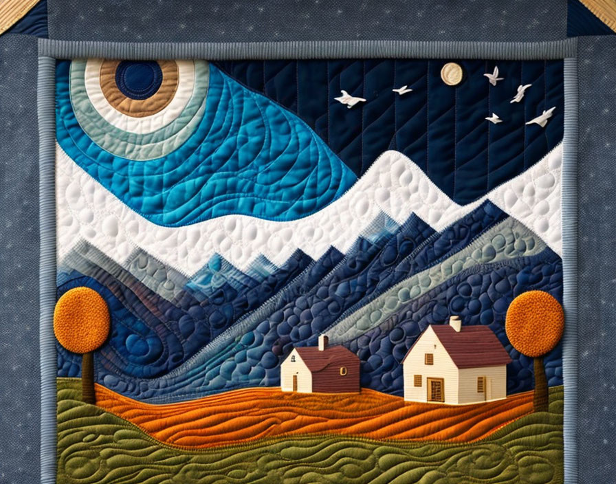 Textured quilt featuring stylized landscape, waves, hills, sun, birds, and button-adorn