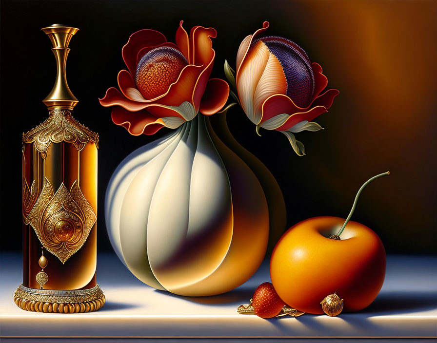 Golden Vase, Ornate Flowers, Orange Fruit, and Nut in Still Life Composition