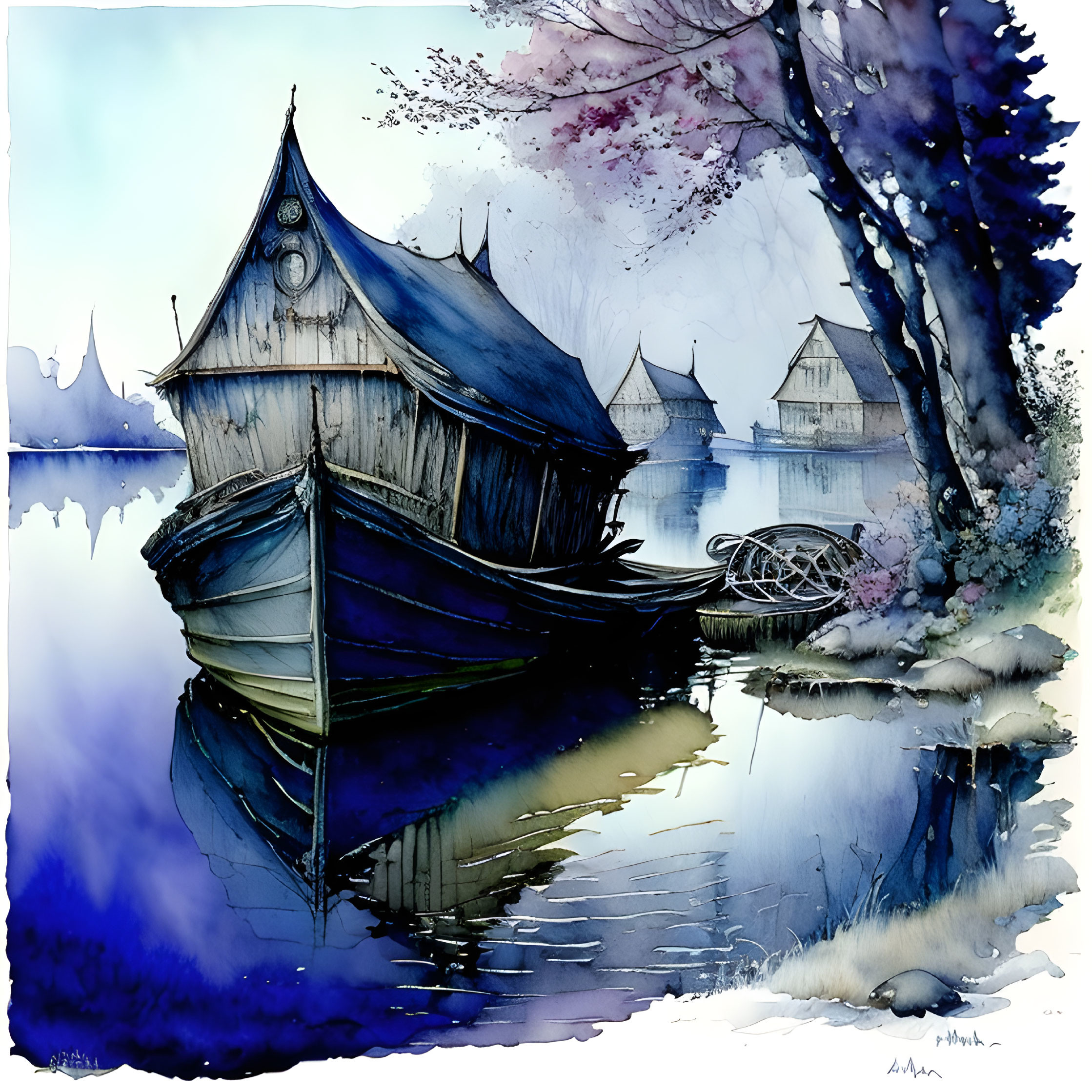 Tranquil watercolor painting of moored boat by calm lake