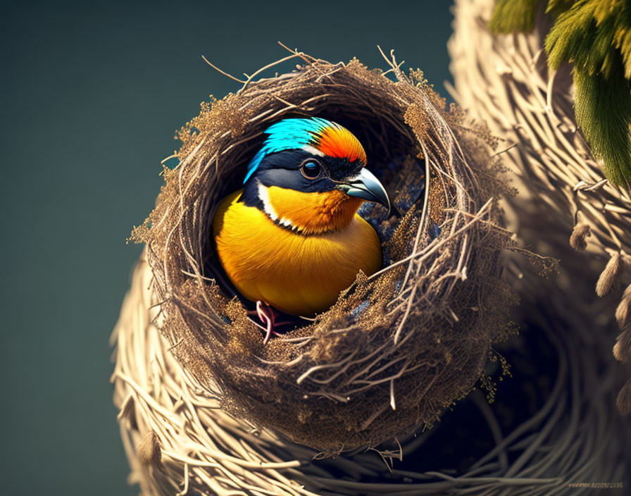 Vibrant blue, yellow, and orange bird in woven nest on branch