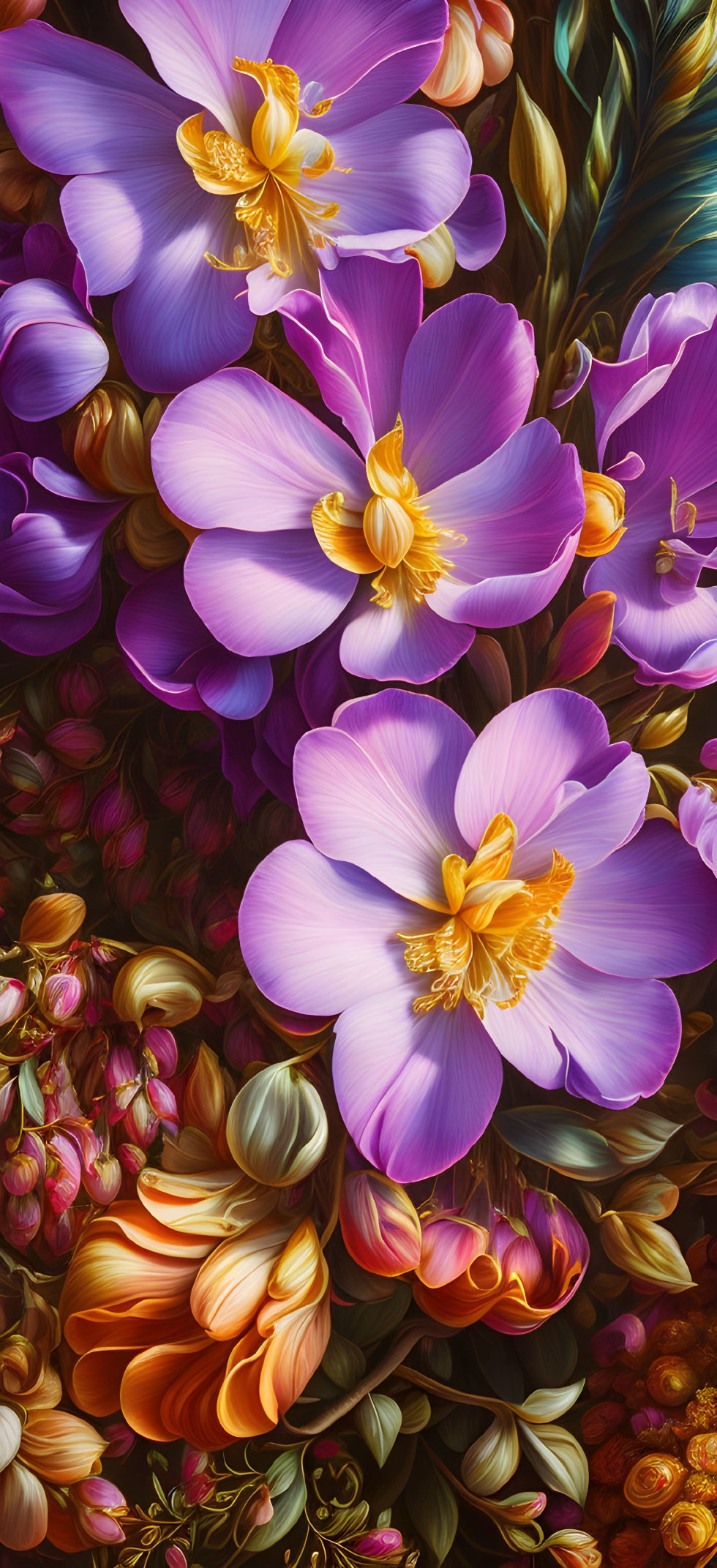 Colorful digital artwork featuring purple and orange flowers and lush foliage