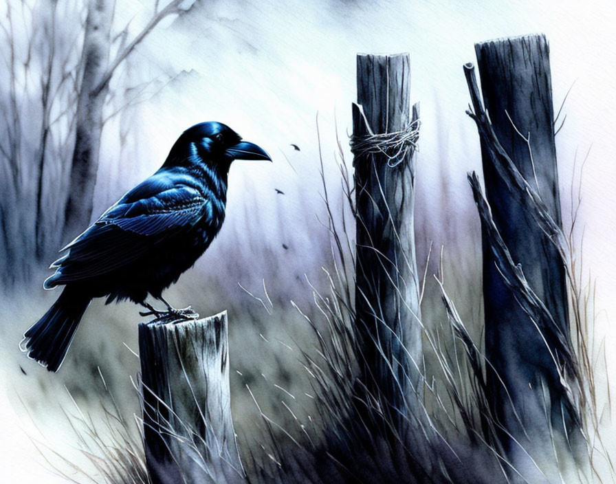 Raven perched on fence post in grassy field with blue forest backdrop