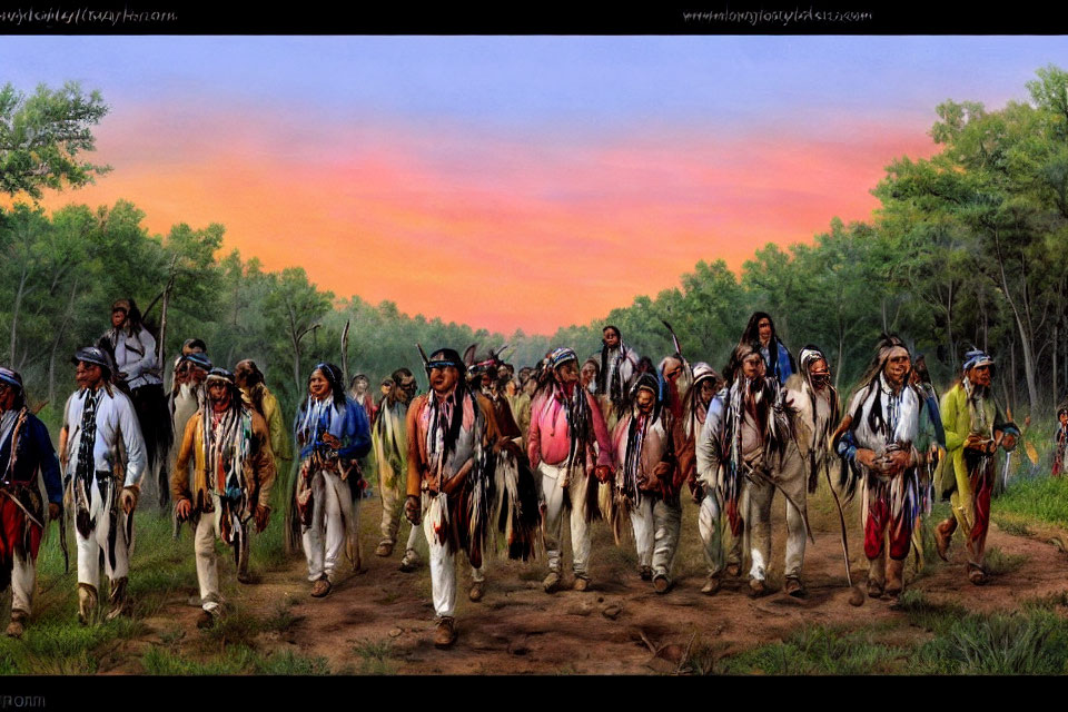 Indigenous people walking in line under a sunset sky