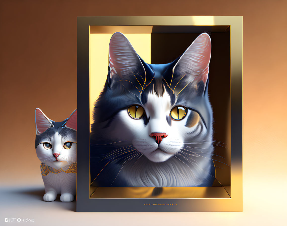 Small cat admiring magnified portrait on warm gradient background