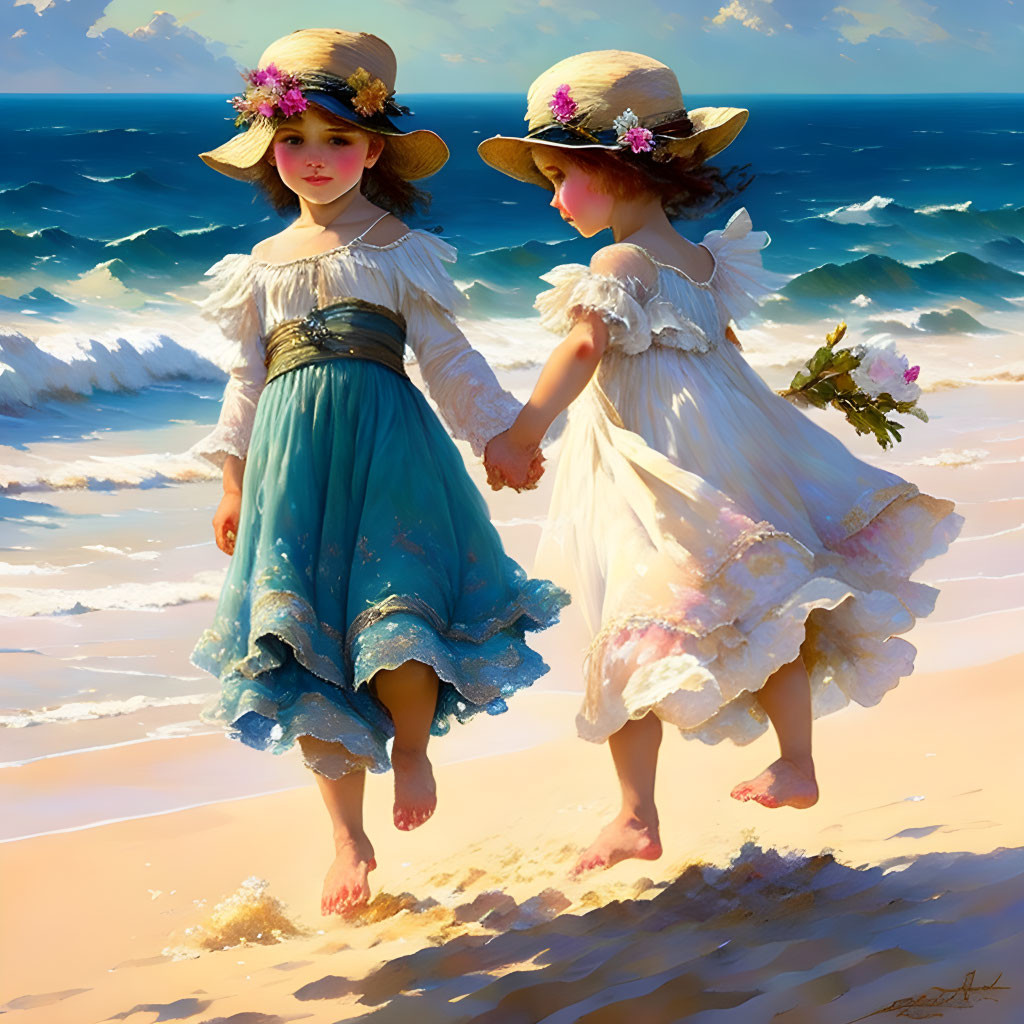 Young girls in vintage dresses stroll on sunny beach