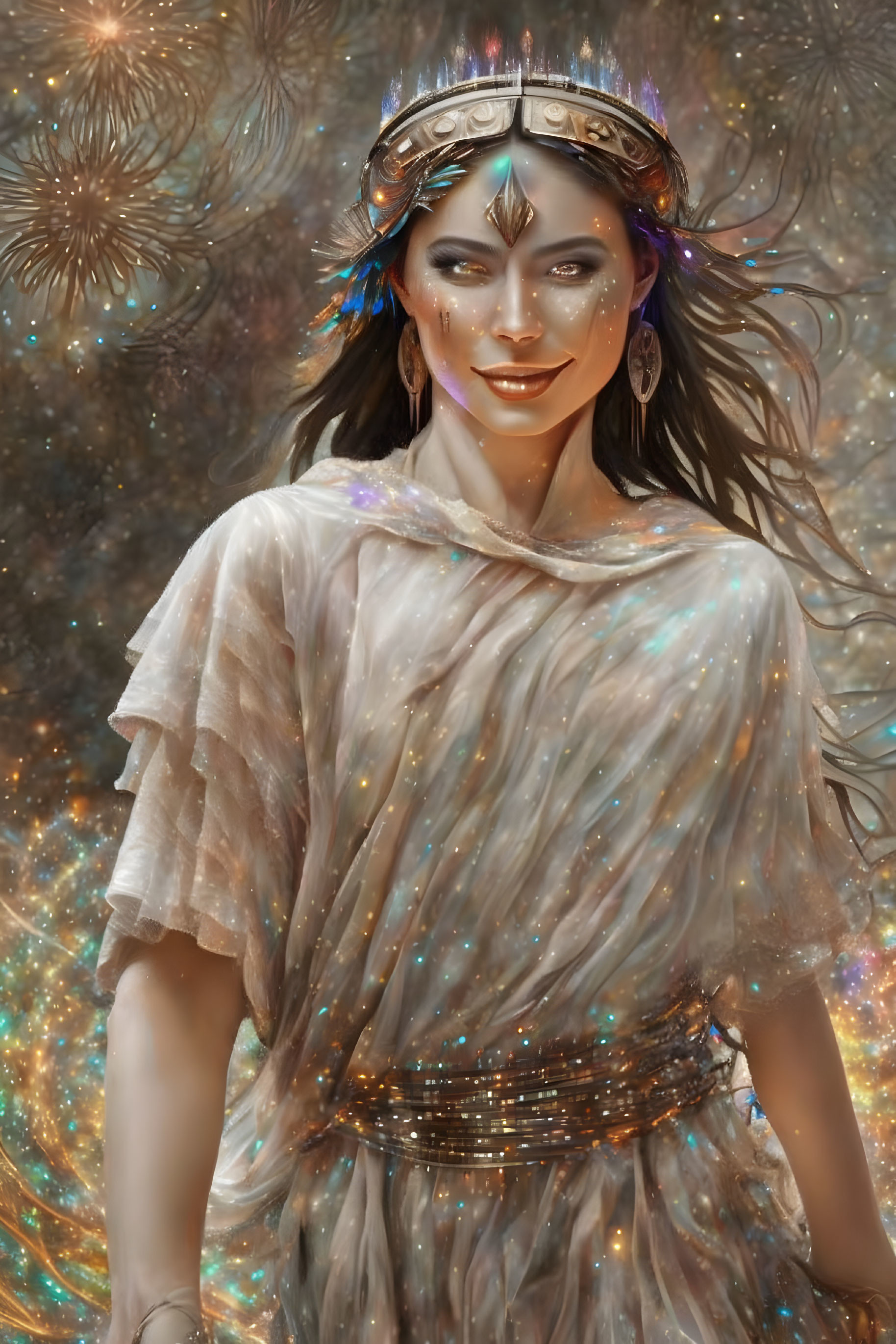 Ethereal woman in sparkling attire with cosmic background.