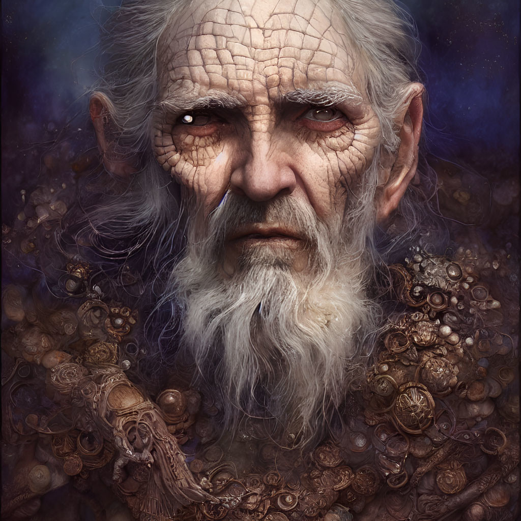 Elderly wizard with piercing eyes and mystical attire