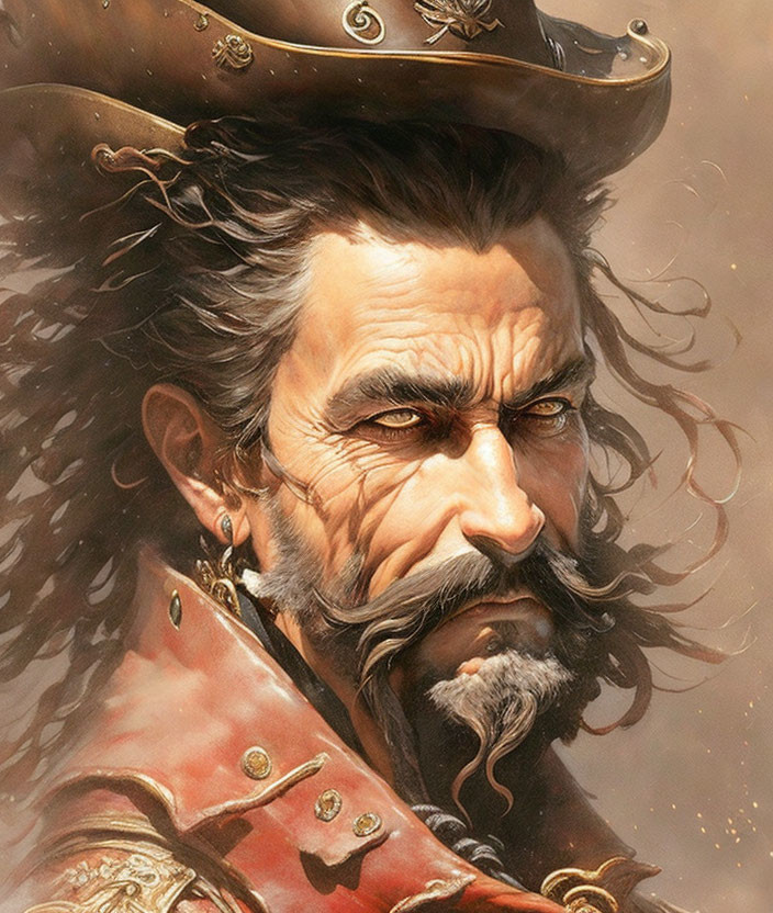 Detailed Illustration of Grizzled Pirate in Tricorn Hat