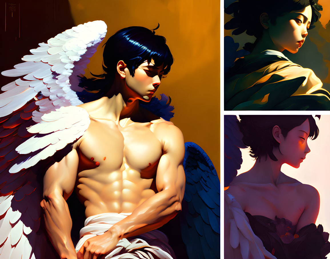 Stylized triptych with angelic and dramatic portraits