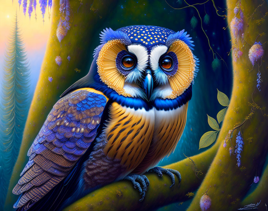 Colorful owl perched on branch in vibrant forest scene