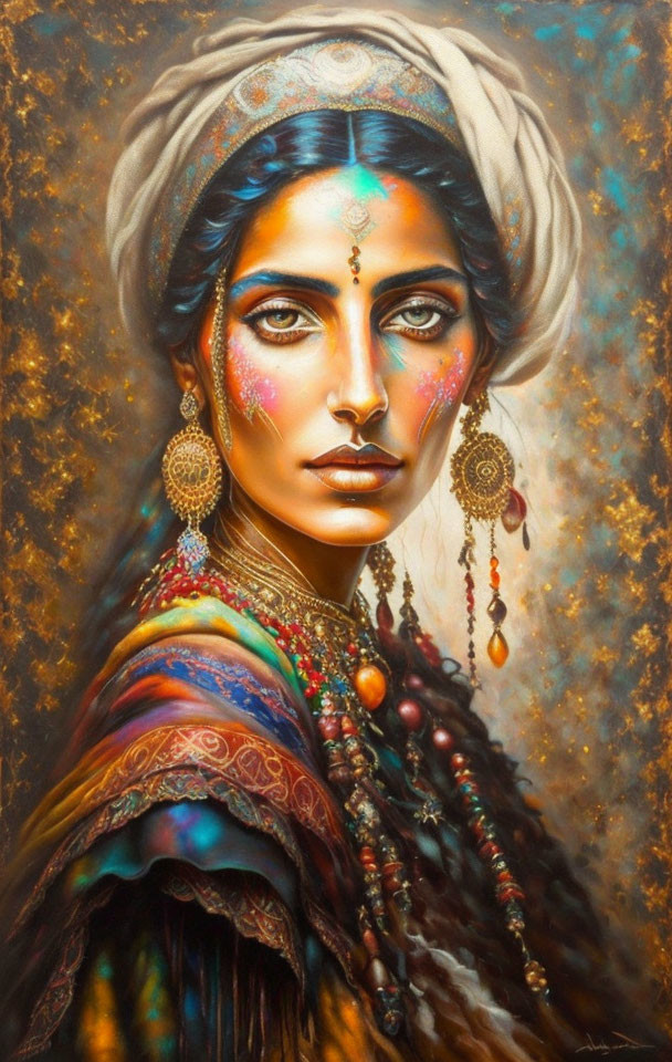 Colorful Portrait of Woman in Traditional Attire and Jewelry