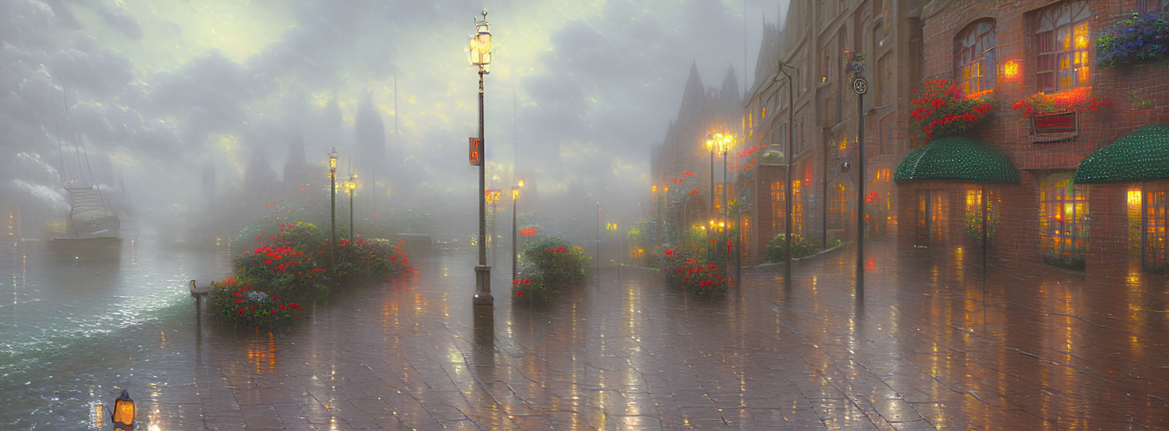 Cobblestone street with warm light and red flowers at misty evening