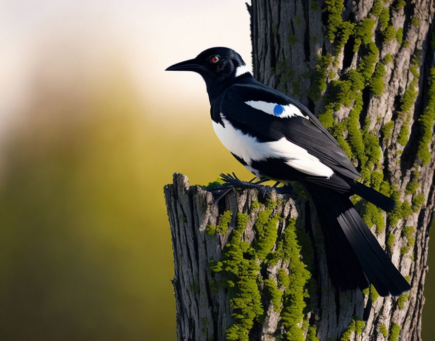 Magpie perched on mossy tree stump with blurred green background