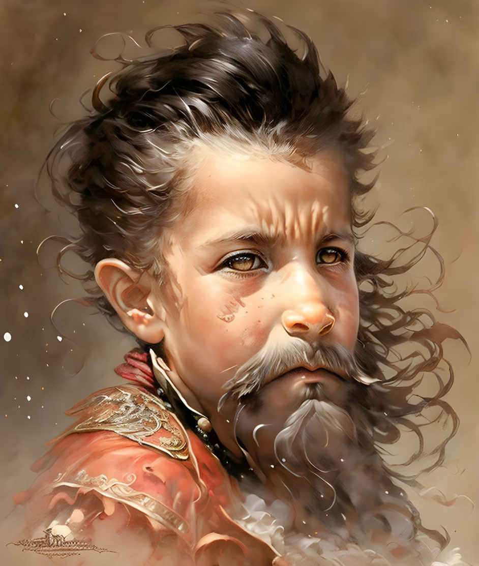 Whimsical boy with beard and red cloak in detailed portrait